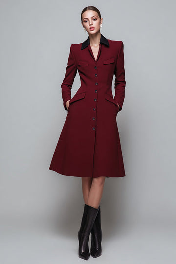 Dark Red A Line Collar Neck Midi Work Dress with Sleeves